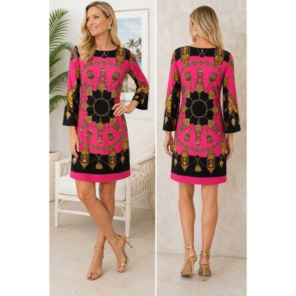 JB by Julie Brown Pink Black Gold Medallion Chain Print Shift Dress Petite PP